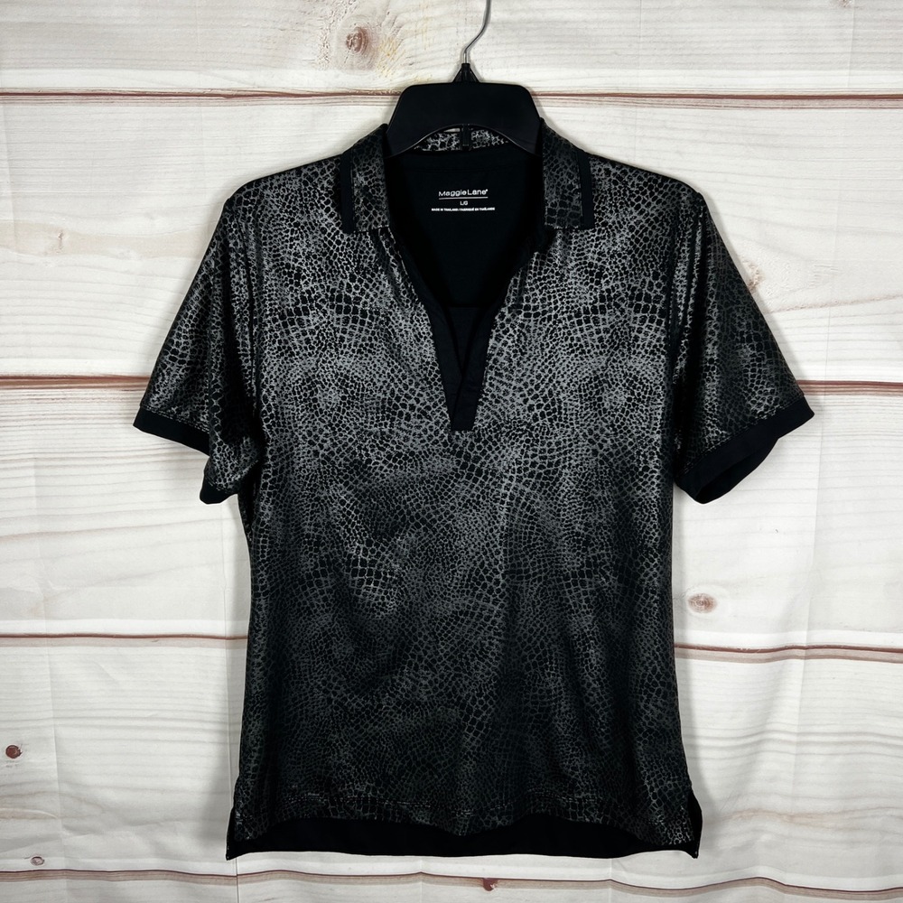 Maggie Lane Golf Polo Shirt Women L Black Snakeskin Animal Print Short Sleeve